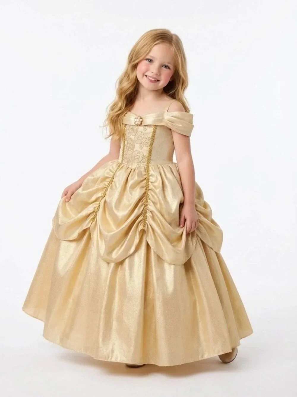 Girls Belle Princess Costume Dress Gold Ball Gown Birthday Party Outfit (Size 5)